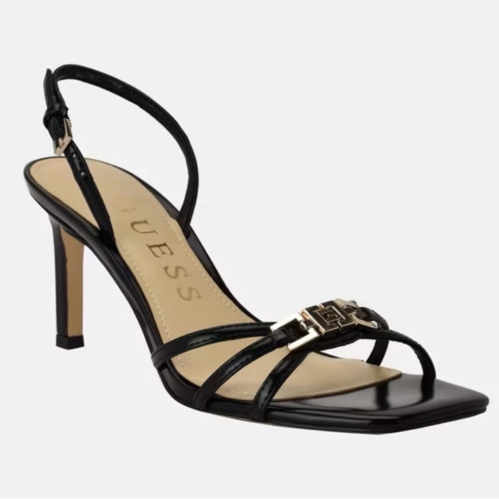New! Guess Twilla Black Patent Faux Leather Strappy Heels Sandals 6.5